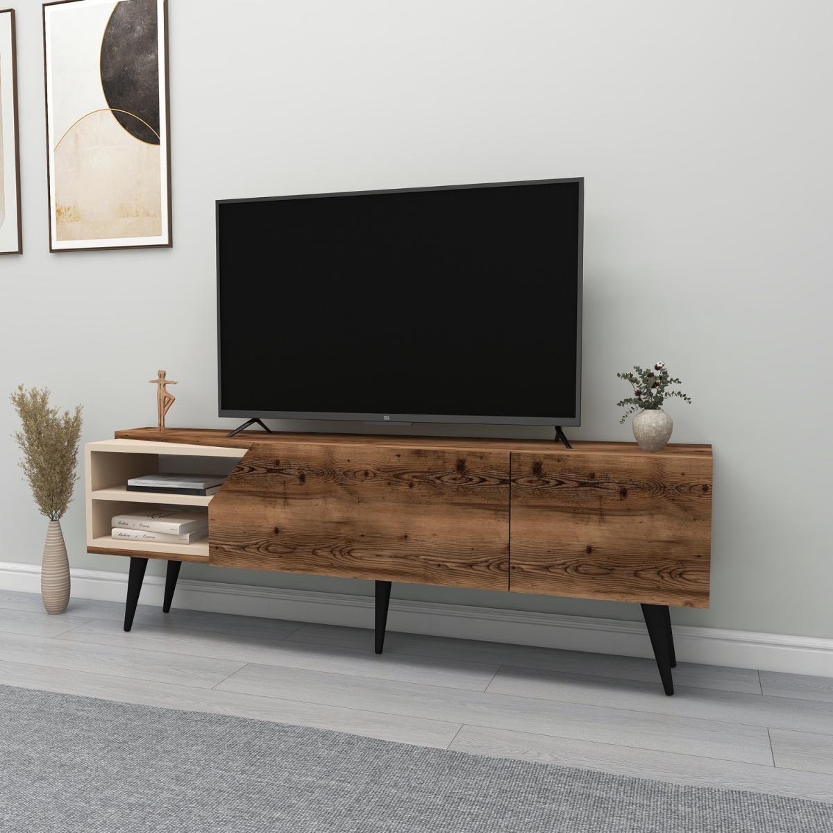 Cleon TV Stand and Media Center with Cabinets and Open Shelves - Light Walnut & Beige – image 4