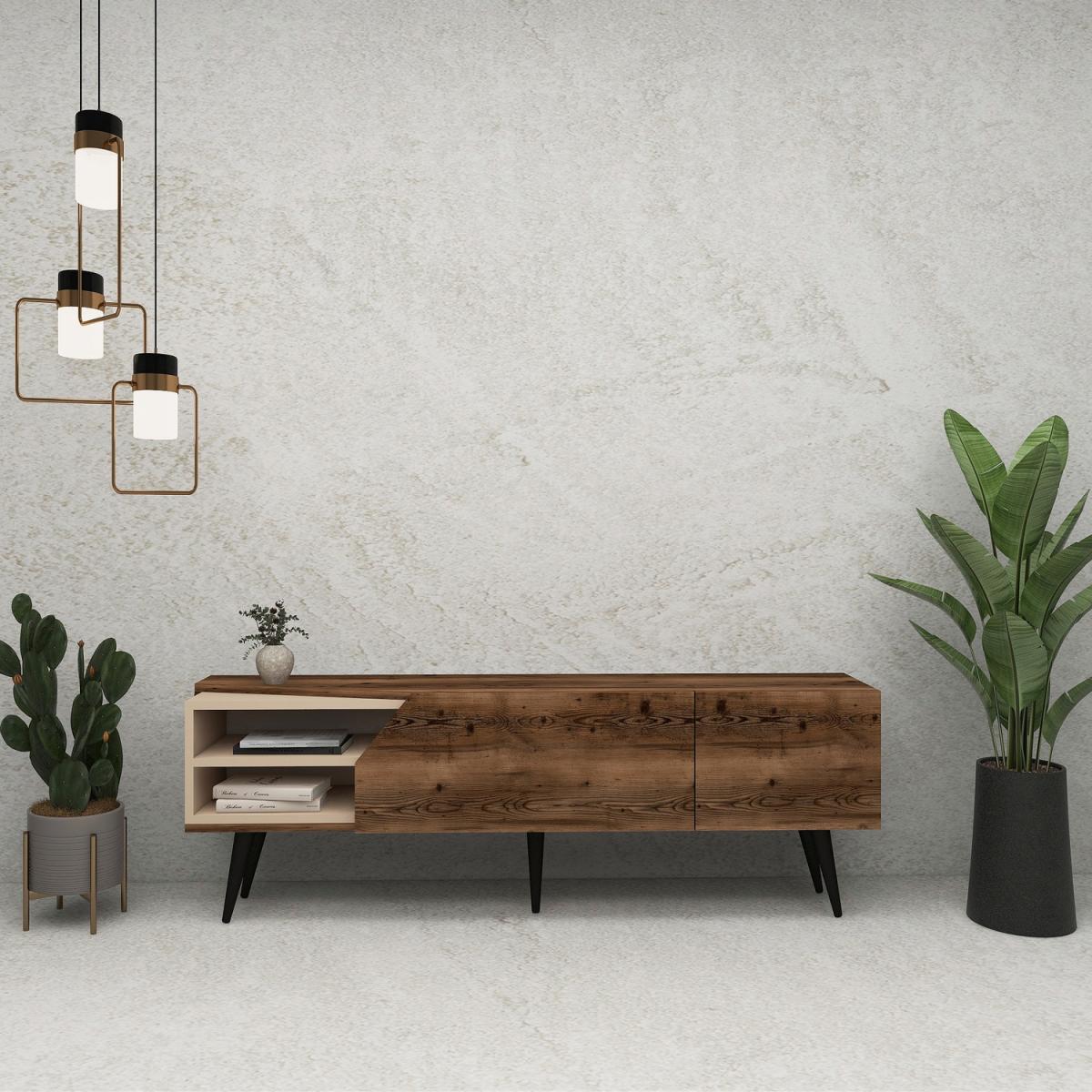 Cleon TV Stand and Media Center with Cabinets and Open Shelves - Light Walnut & Beige – image 5