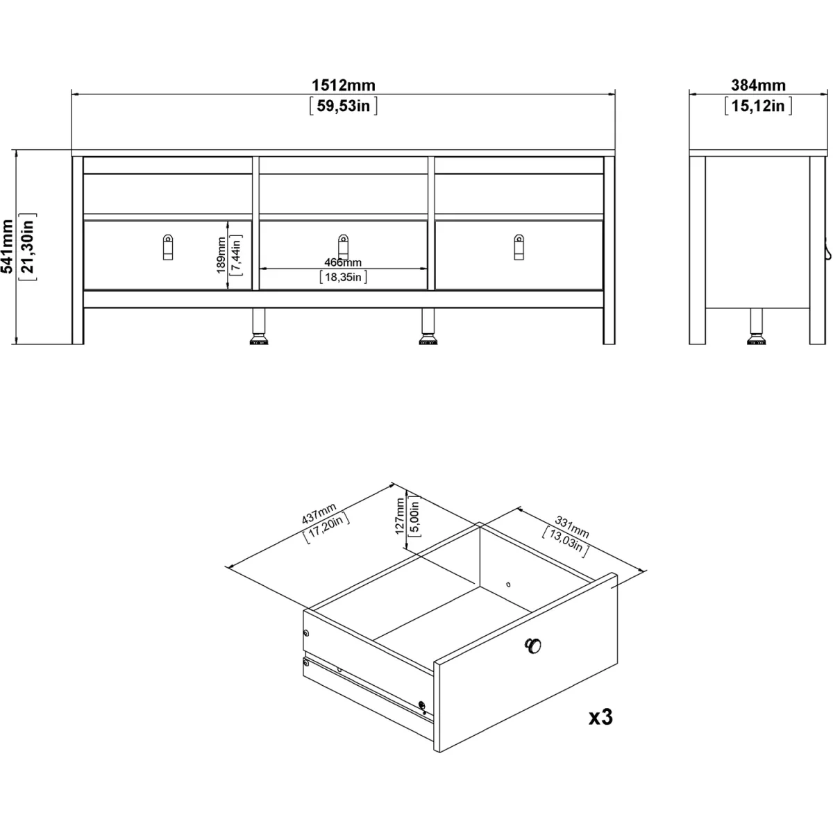 Barcelona TV Unit 3 Drawers in Matt Black - White – image 8