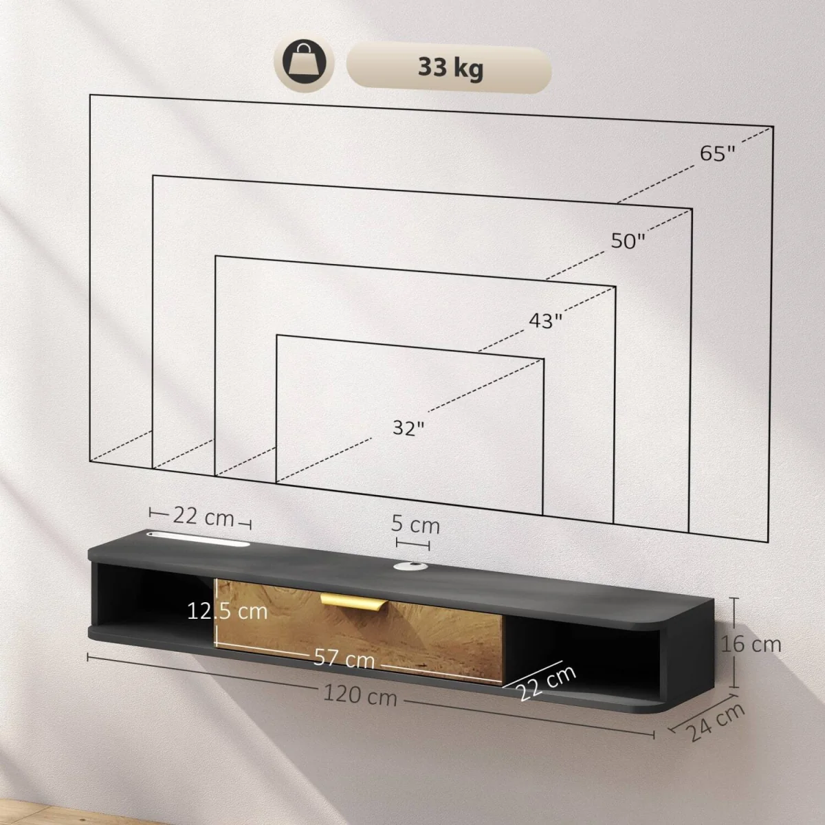 Nova 120cm Floating TV Stand - Charcoal Grey with Natural Wood-effect Storage – image 4