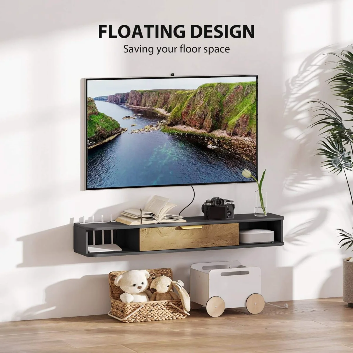 Nova 120cm Floating TV Stand - Charcoal Grey with Natural Wood-effect Storage – image 5