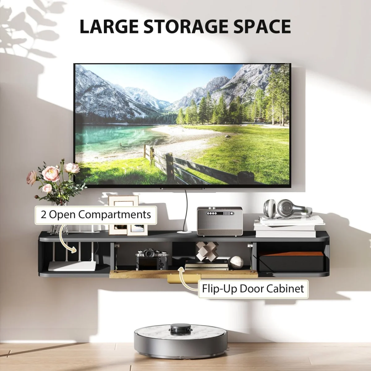 Nova 120cm Floating TV Stand - Charcoal Grey with Natural Wood-effect Storage – image 6