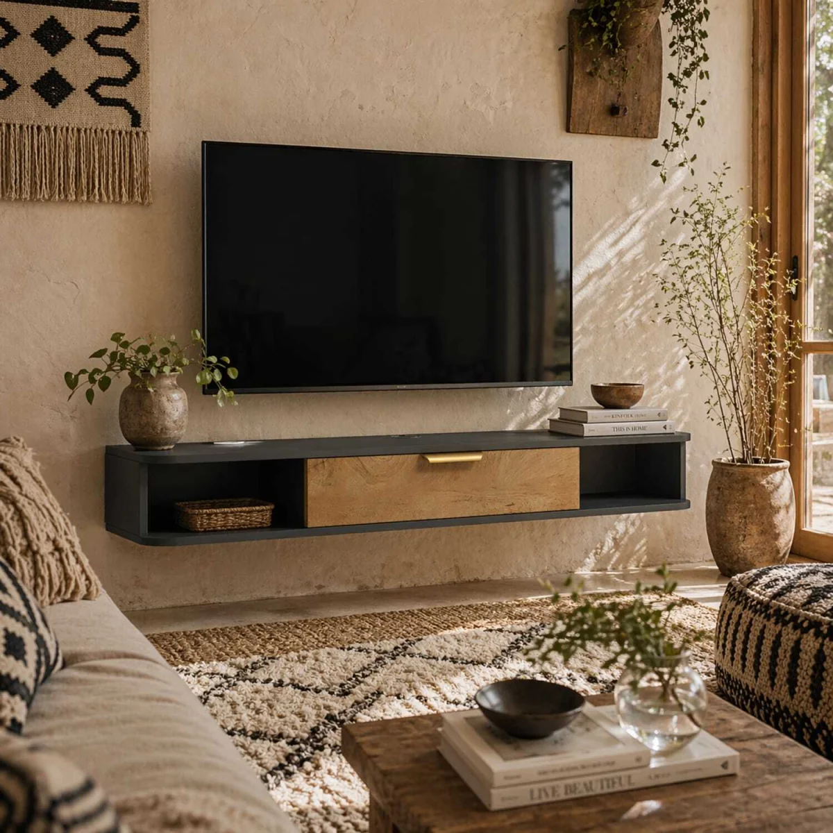 Nova 120cm Floating TV Stand - Charcoal Grey with Natural Wood-effect Storage – image 1