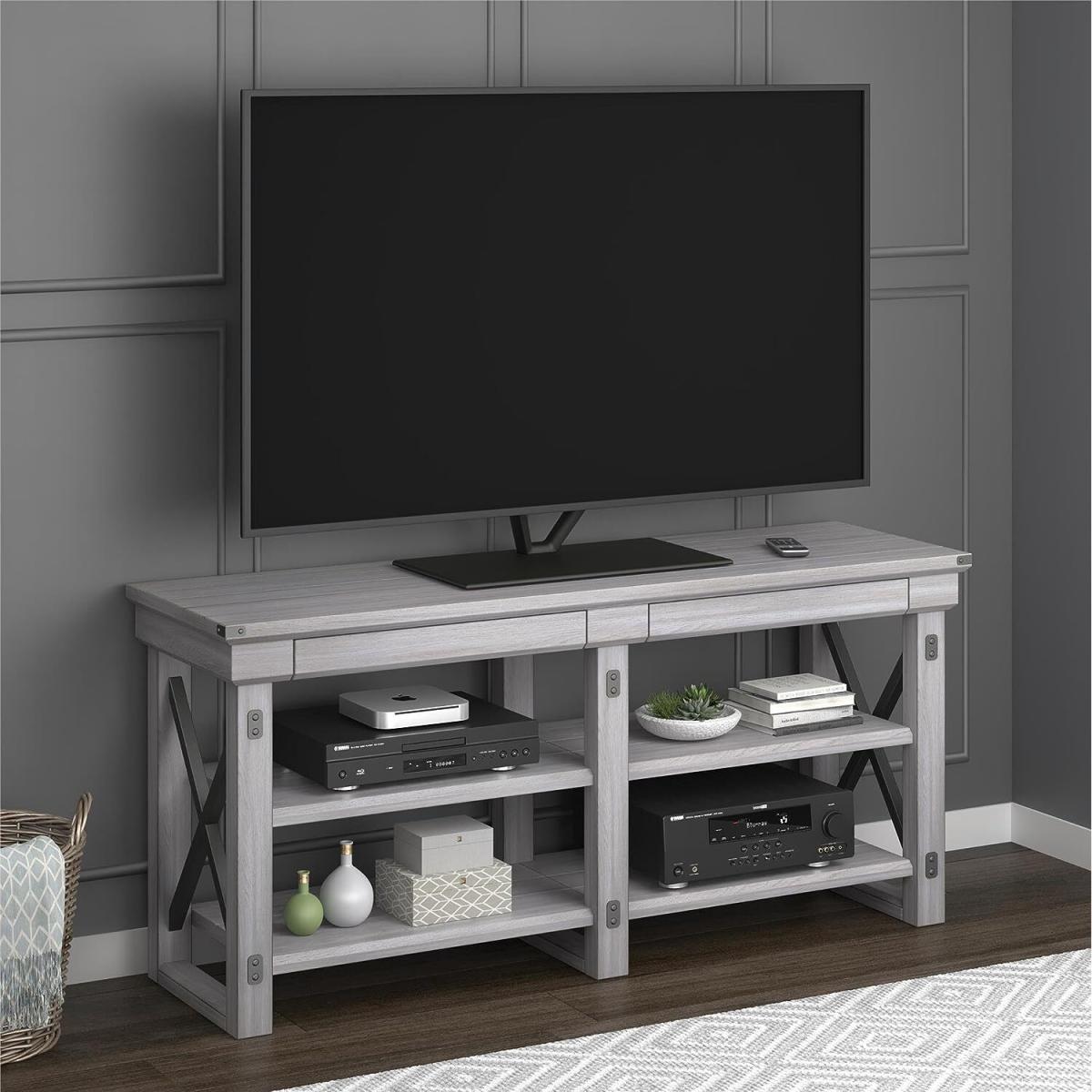 Rustic White Wildwood TV Stand Veneer Table Shelves For Up To 65" - White – image 4