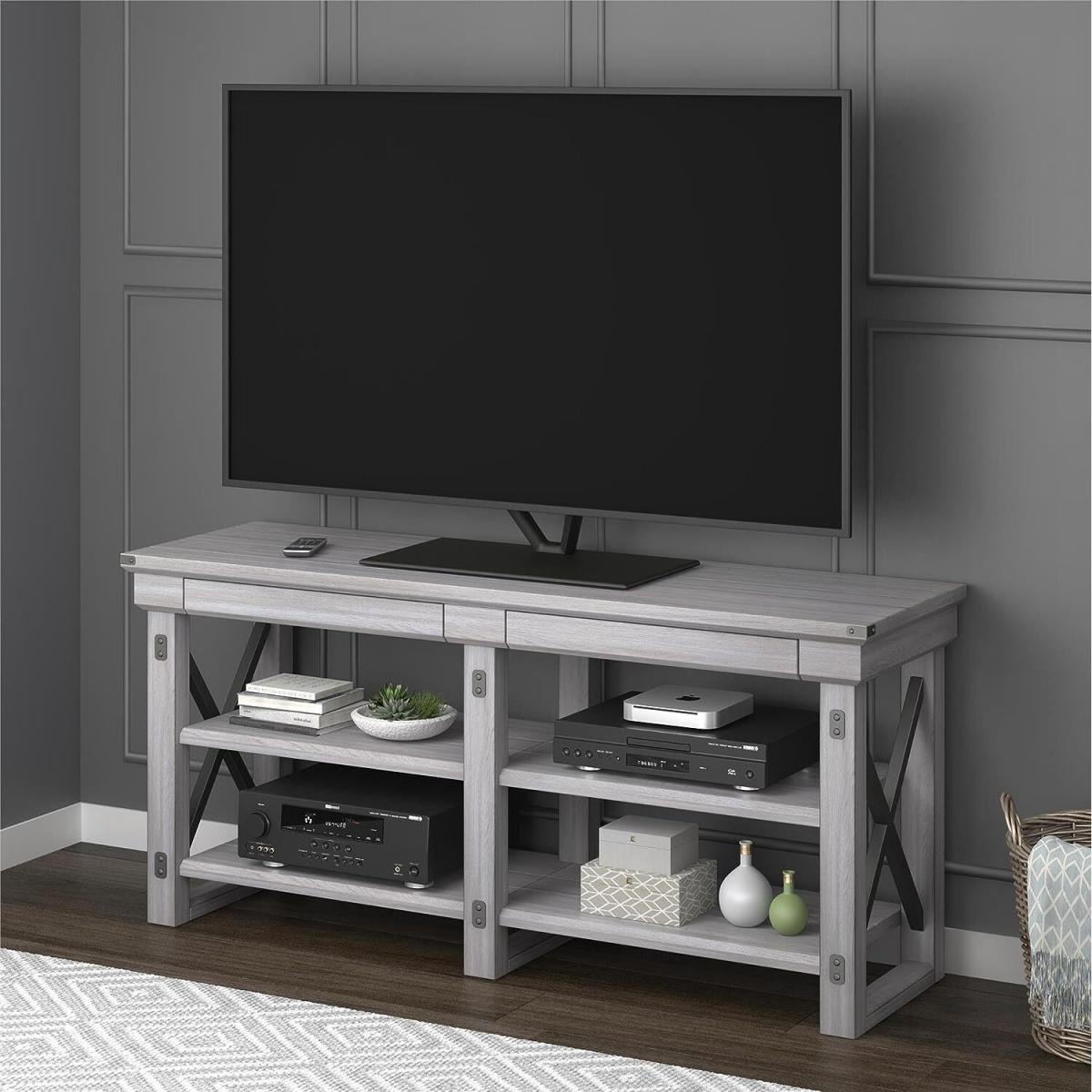 Rustic White Wildwood TV Stand Veneer Table Shelves For Up To 65" - White – image 5
