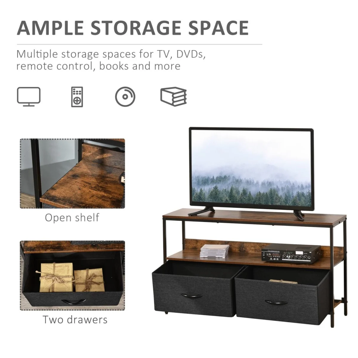 Lelo 98cm Rustic Brown and Black TV Stand with 2 Foldable Fabric Drawers – image 2