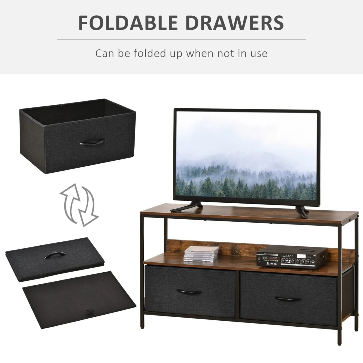 Lelo 98cm Rustic Brown and Black TV Stand with 2 Foldable Fabric Drawers – image 5