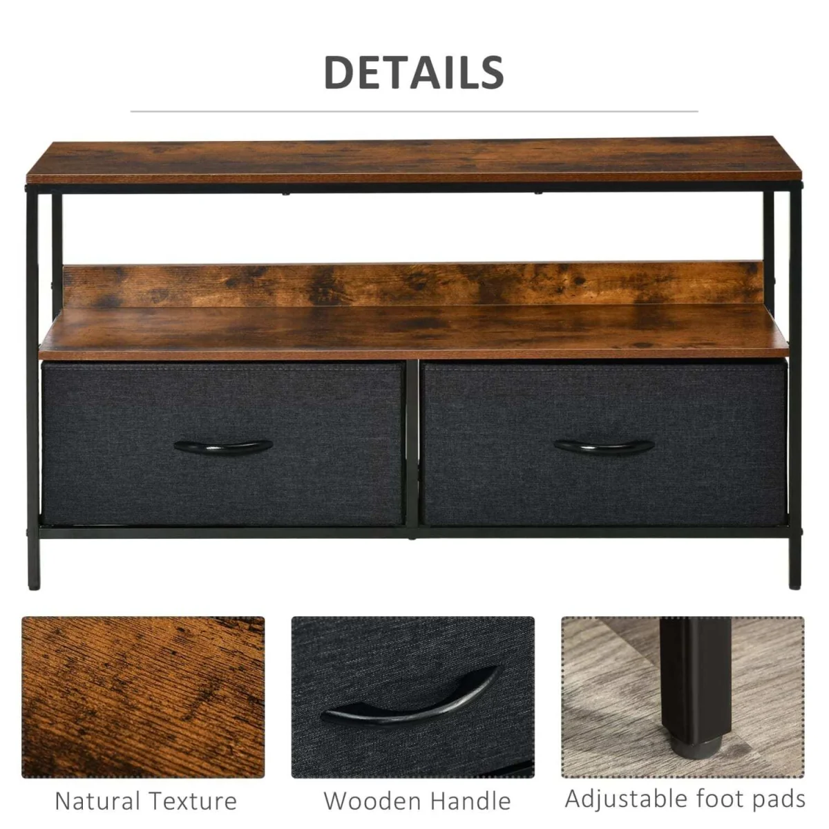 Lelo 98cm Rustic Brown and Black TV Stand with 2 Foldable Fabric Drawers – image 6