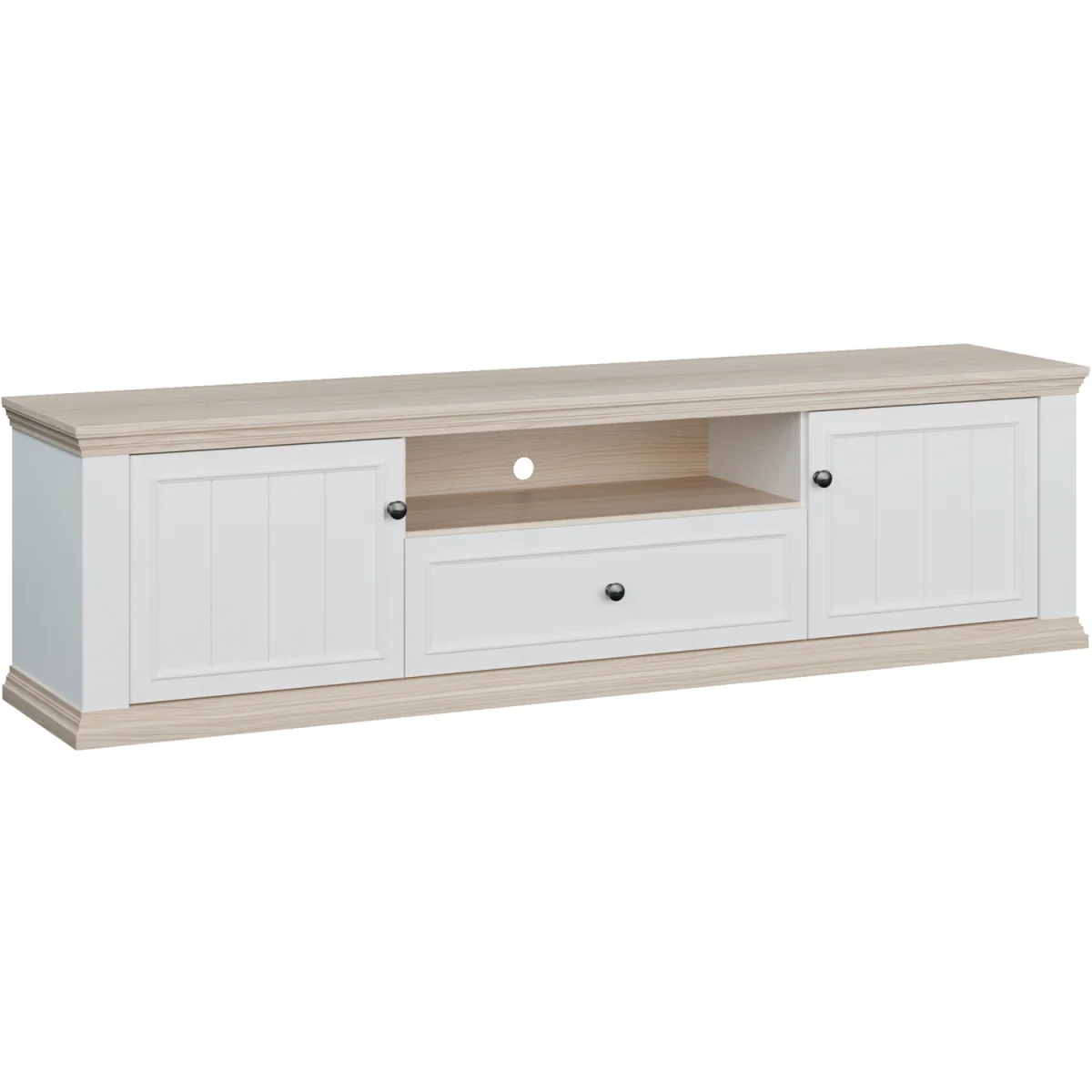 Pontypool Wide TV Unit with 2 Doors, Drawer & Open Shelf - White and Riva Oak – image 2
