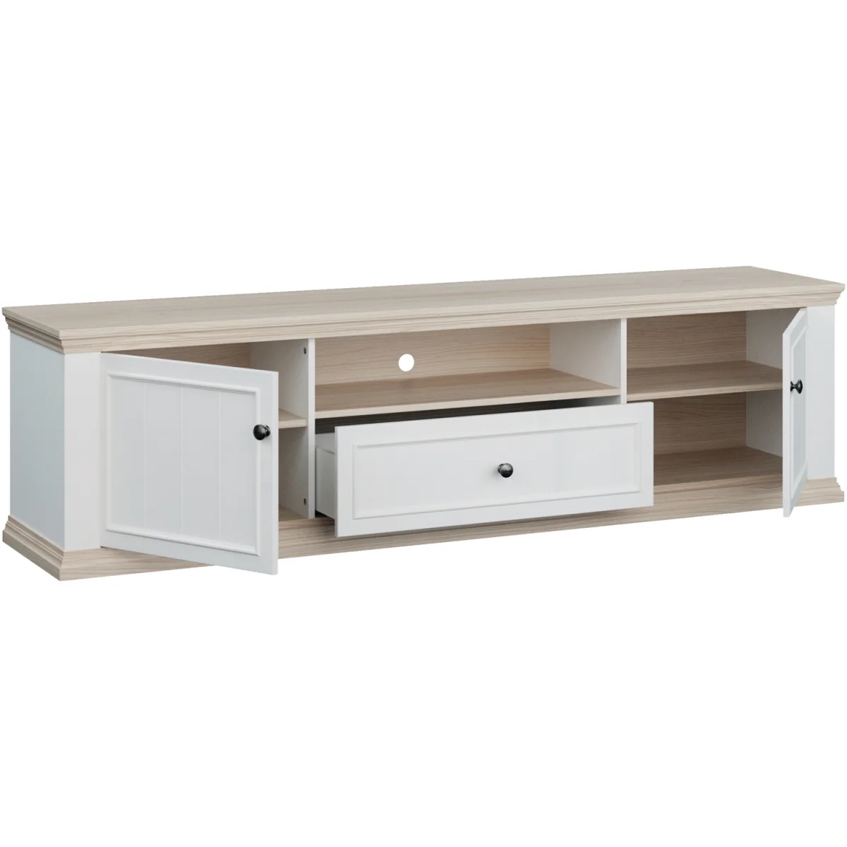 Pontypool Wide TV Unit with 2 Doors, Drawer & Open Shelf - White and Riva Oak – image 3