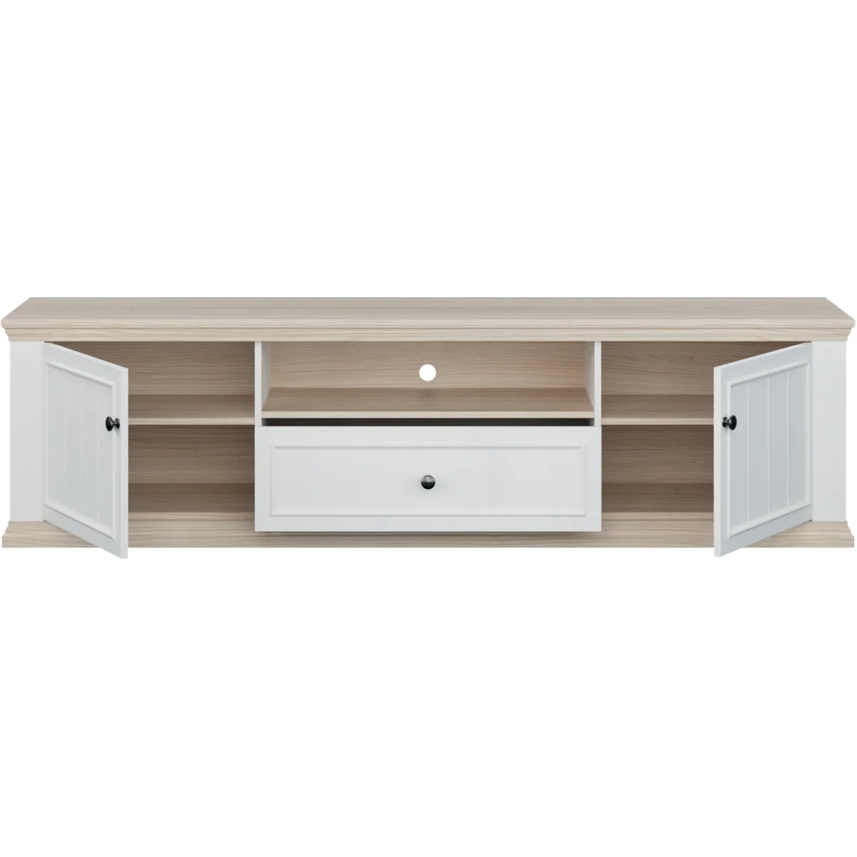 Pontypool Wide TV Unit with 2 Doors, Drawer & Open Shelf - White and Riva Oak – image 4