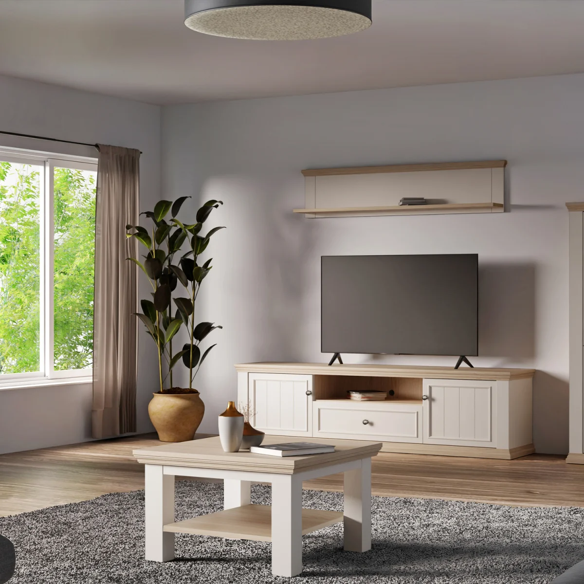 Pontypool Wide TV Unit with 2 Doors, Drawer & Open Shelf - White and Riva Oak – image 5