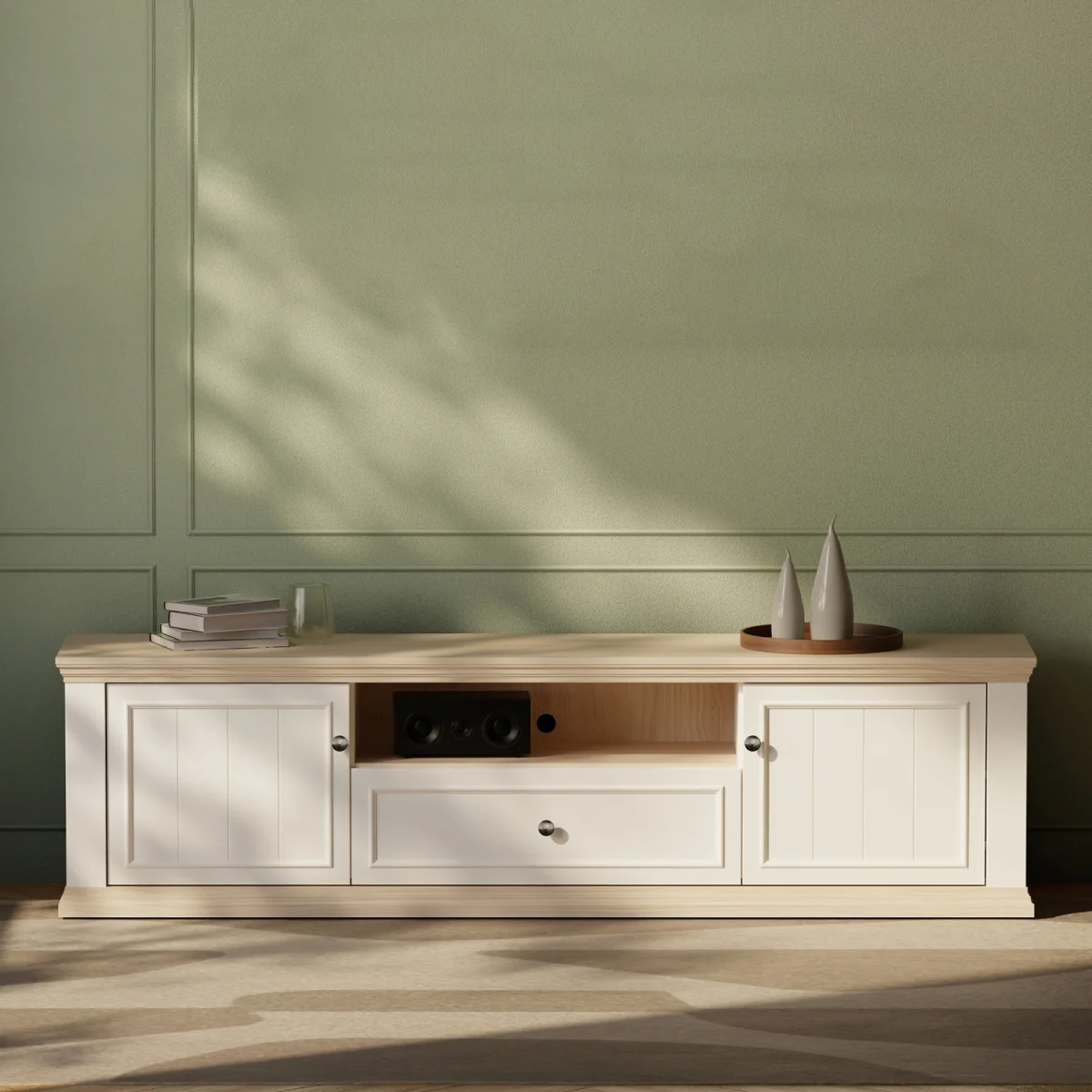 Pontypool Wide TV Unit with 2 Doors, Drawer & Open Shelf - White and Riva Oak – image 6