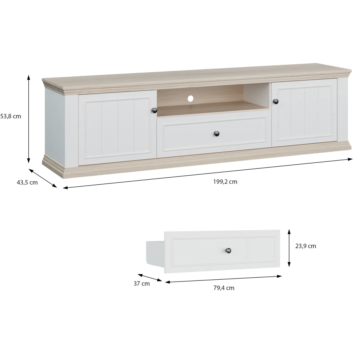 Pontypool Wide TV Unit with 2 Doors, Drawer & Open Shelf - White and Riva Oak – image 7