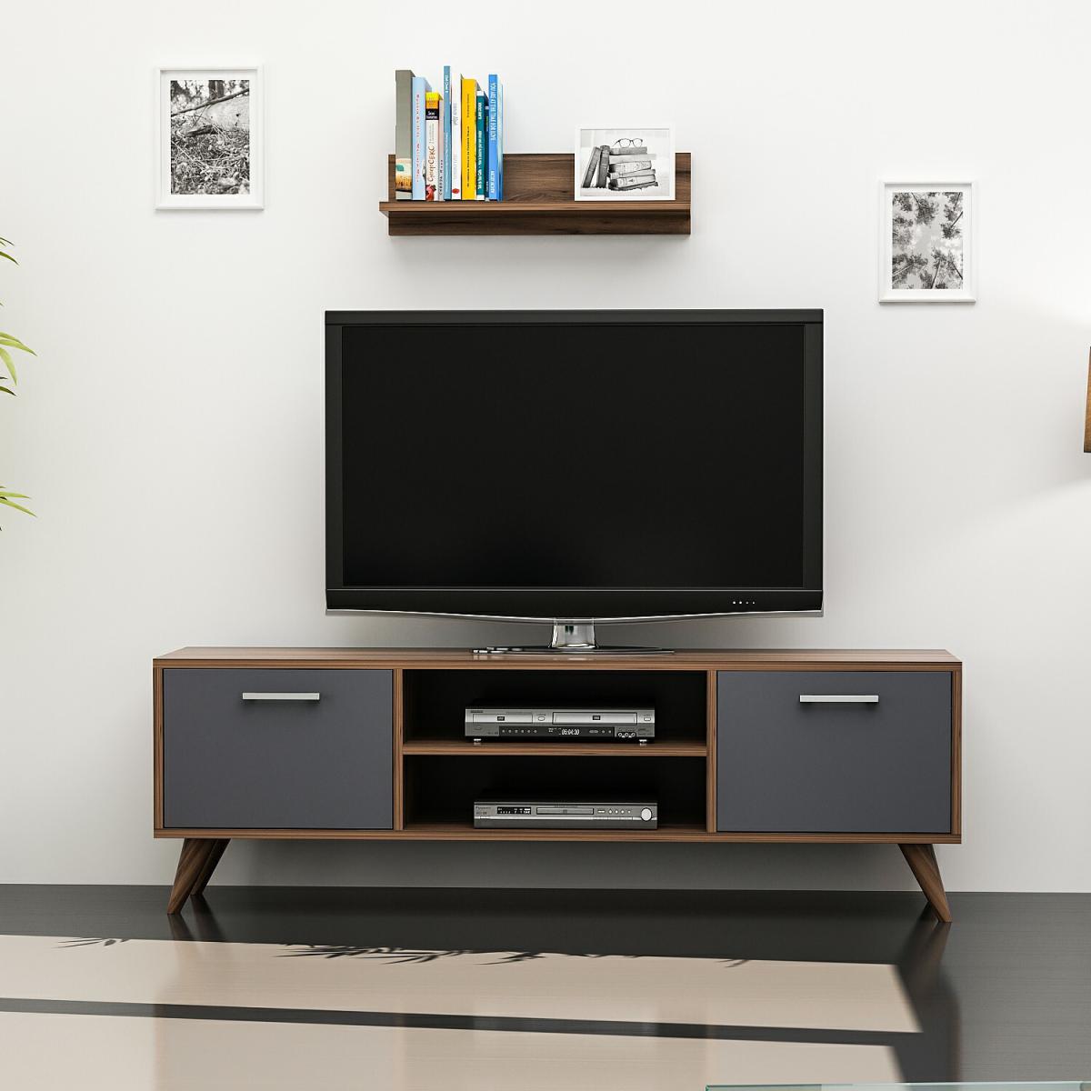 New Horus - TV Stand with Wall Shelf - Walnut and Grey – image 2