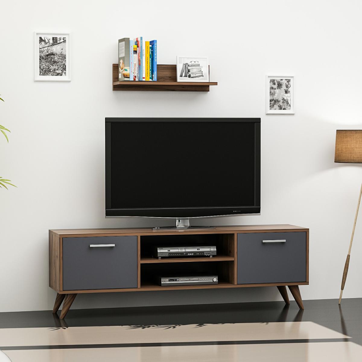 New Horus - TV Stand with Wall Shelf - Walnut and Grey – image 3