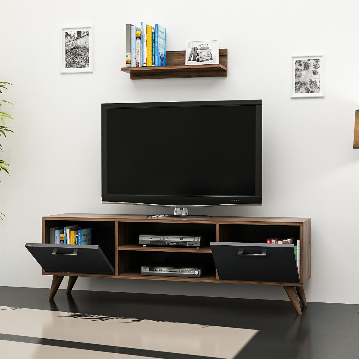 New Horus - TV Stand with Wall Shelf - Walnut and Grey – image 4