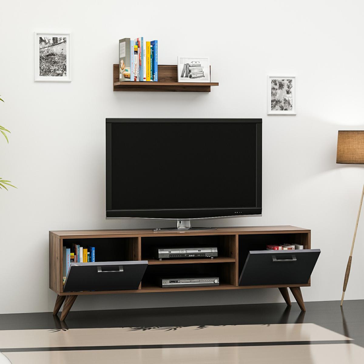 New Horus - TV Stand with Wall Shelf - Walnut and Grey – image 5