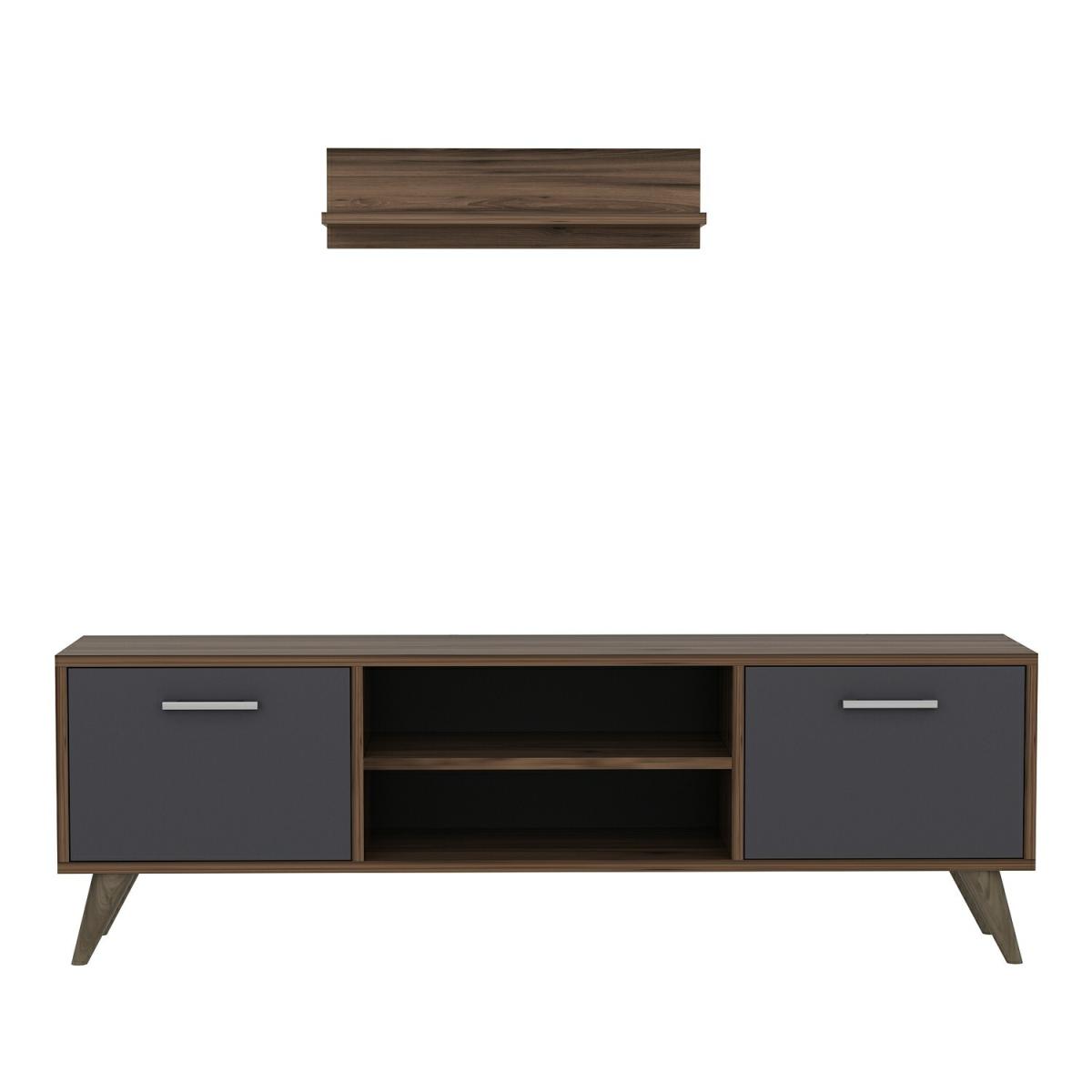 New Horus - TV Stand with Wall Shelf - Walnut and Grey – image 6