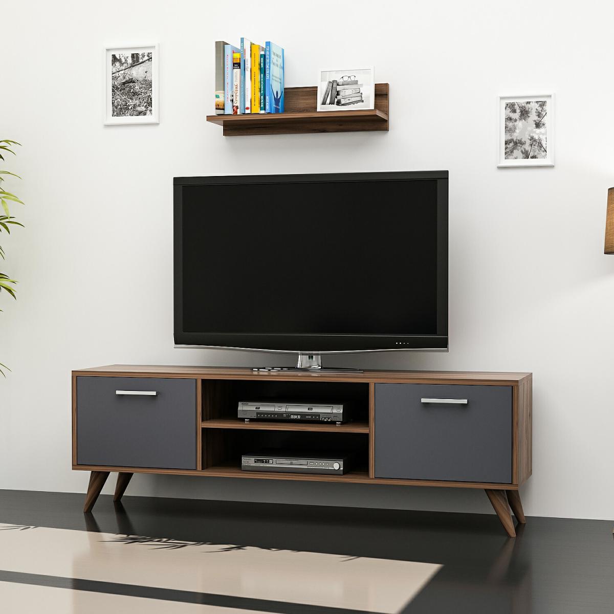 New Horus - TV Stand with Wall Shelf - Walnut and Grey – image 7