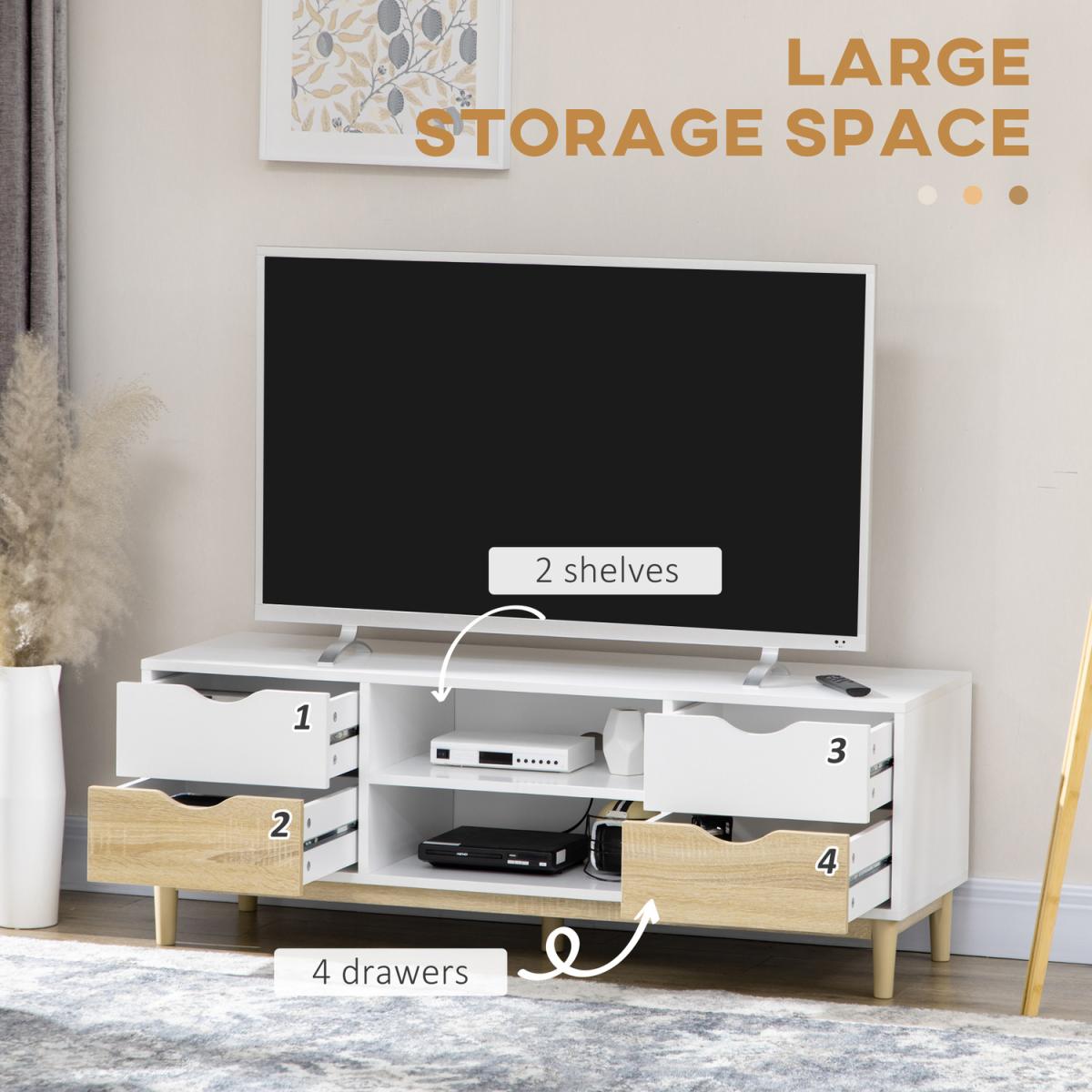 TV Cabinet Stand with Storage Drawers and Shelves for Living Room - Natural, White – image 4