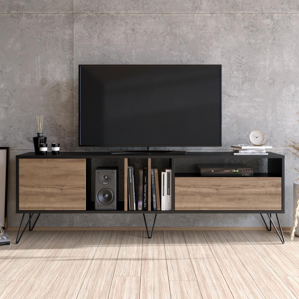 Mistico 180 cm Modern TV Stand TV Unit Industrial Media Console Black - Black and Walnut – image 2