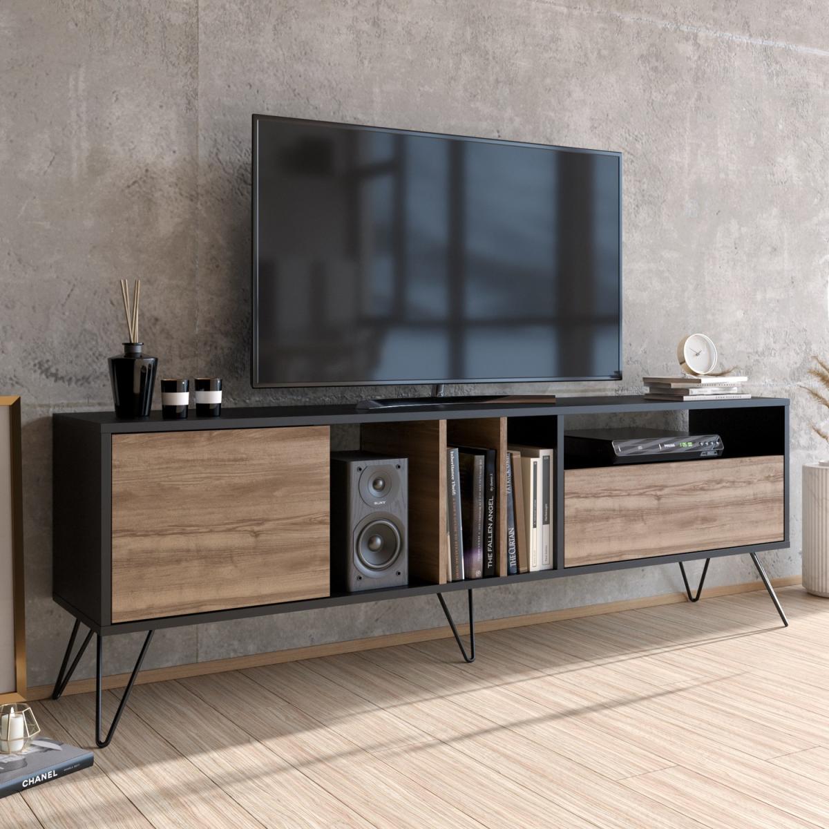 Mistico 180 cm Modern TV Stand TV Unit Industrial Media Console Black - Black and Walnut – image 5