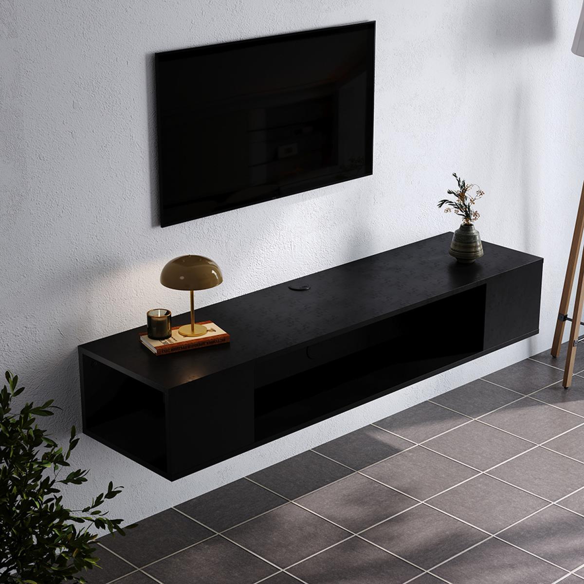 Floating TV Unit with Storage Compartments on Both Sides - Black