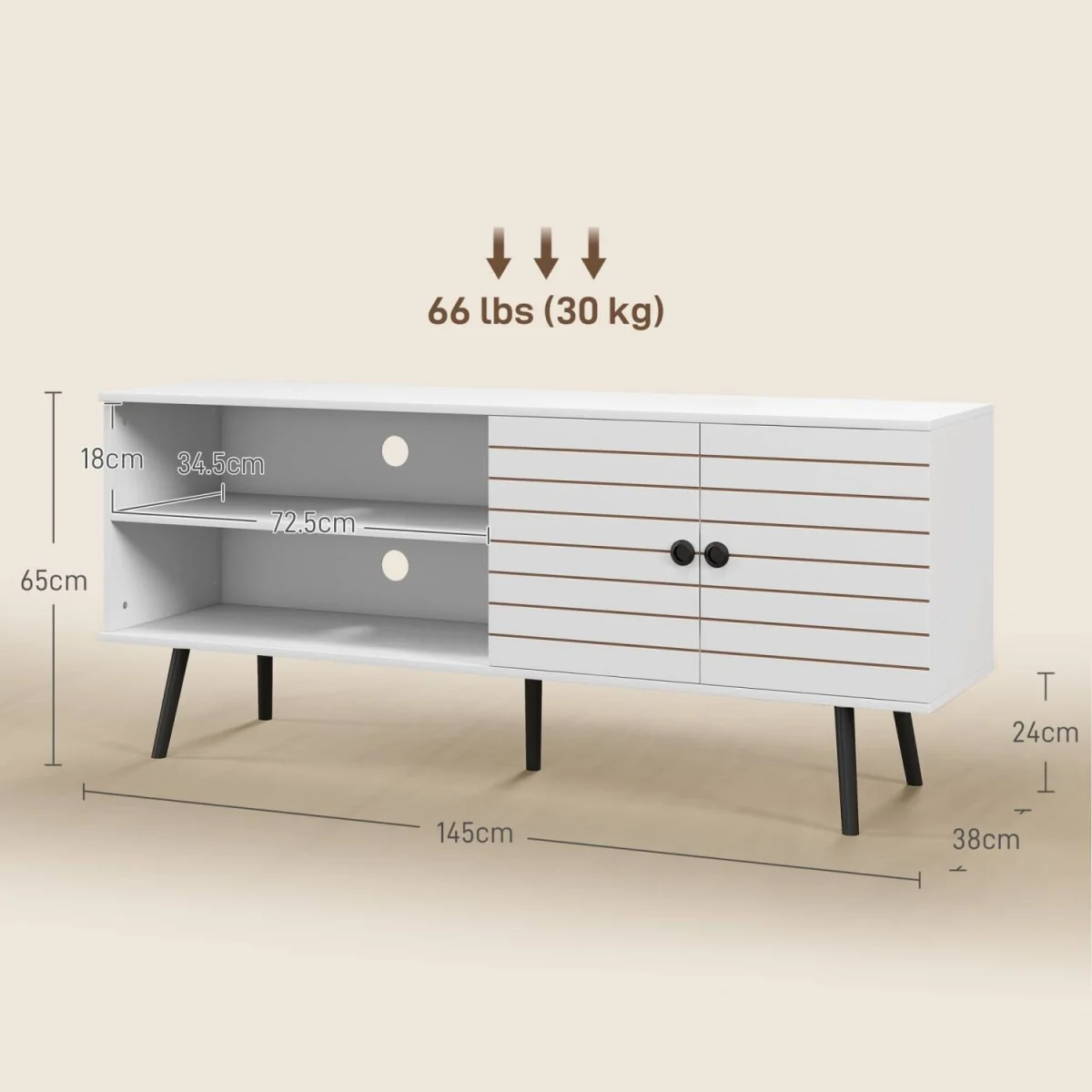 Lare 145cm White Wooden TV Unit with Stripe Door, Open Shelves and Wooden Legs – image 2