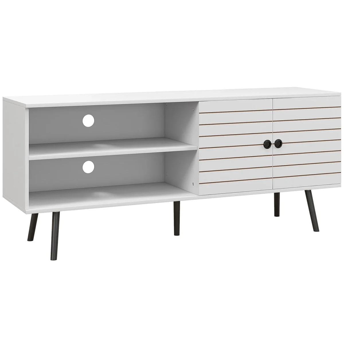 Lare 145cm White Wooden TV Unit with Stripe Door, Open Shelves and Wooden Legs – image 3