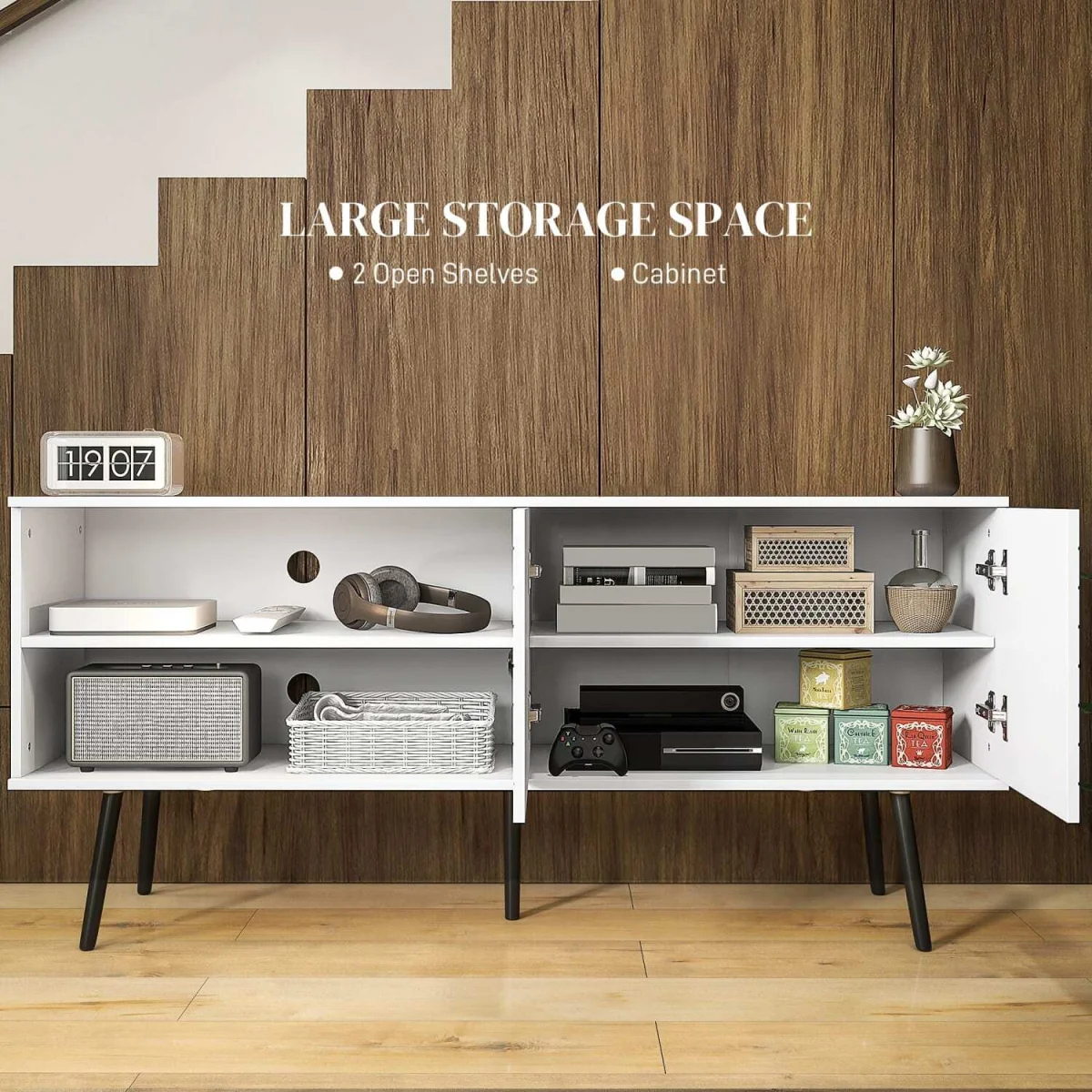 Lare 145cm White Wooden TV Unit with Stripe Door, Open Shelves and Wooden Legs – image 4