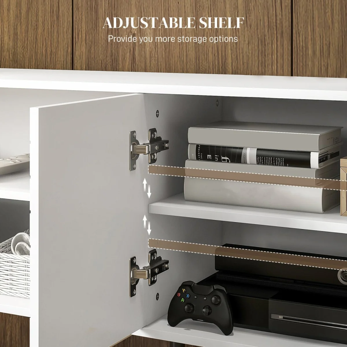 Lare 145cm White Wooden TV Unit with Stripe Door, Open Shelves and Wooden Legs – image 5