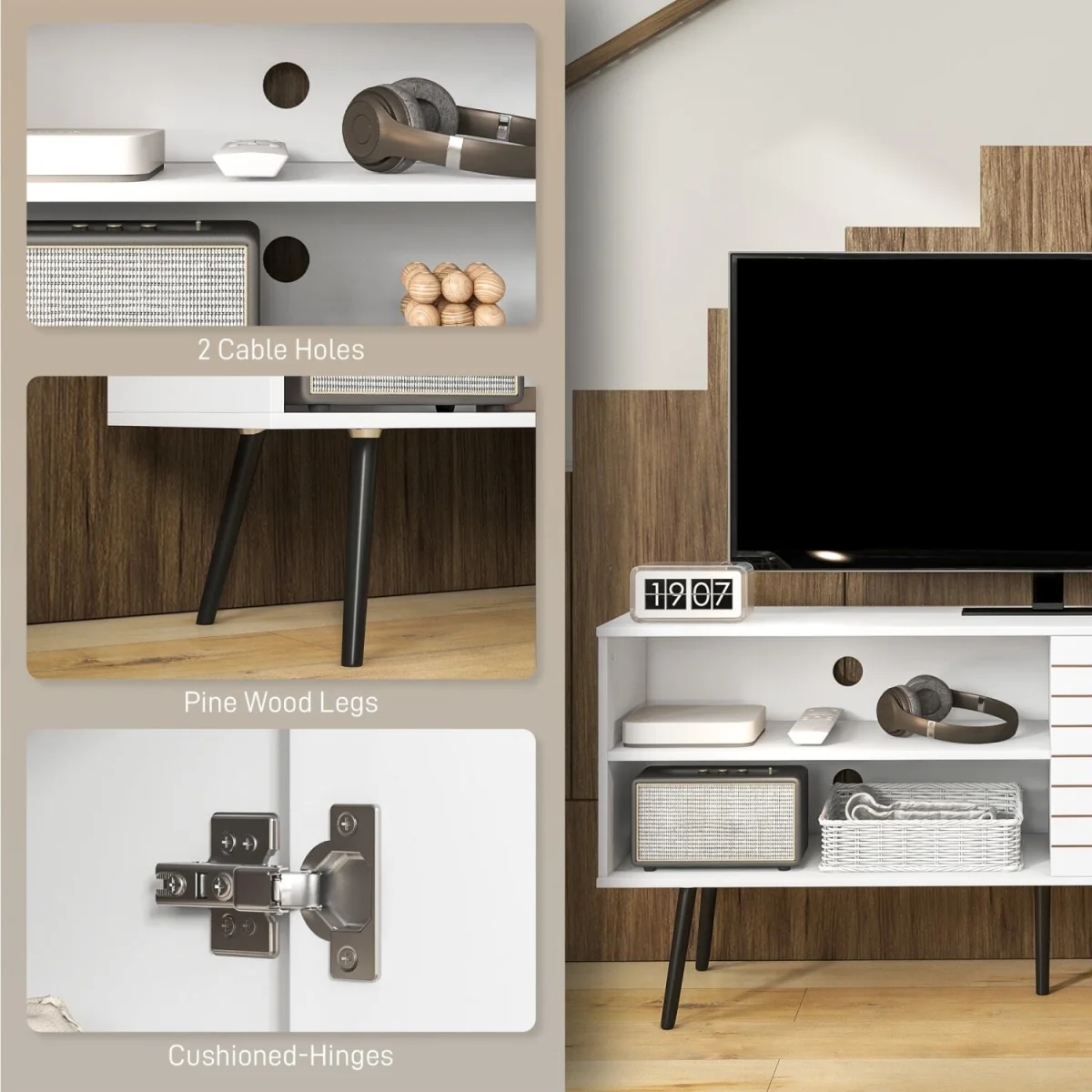Lare 145cm White Wooden TV Unit with Stripe Door, Open Shelves and Wooden Legs – image 6