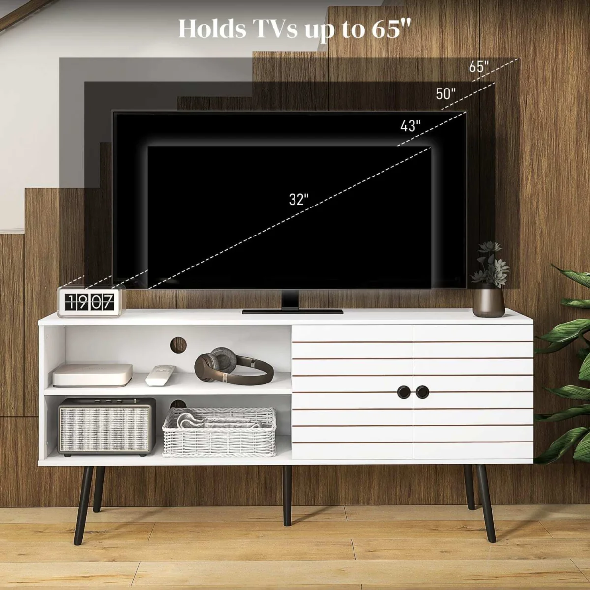 Lare 145cm White Wooden TV Unit with Stripe Door, Open Shelves and Wooden Legs – image 7