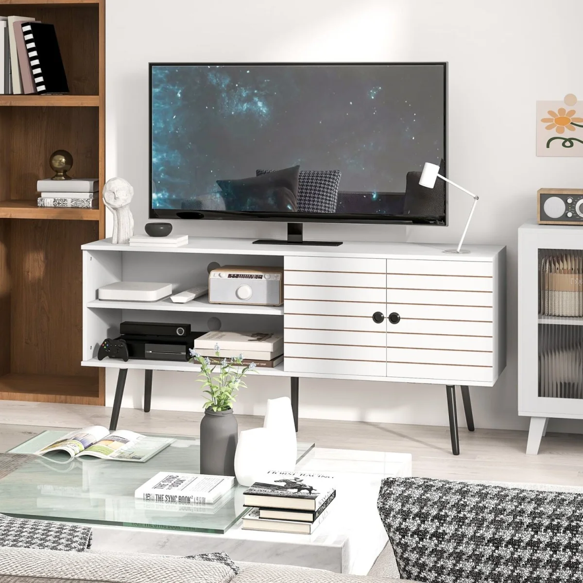 Lare 145cm White Wooden TV Unit with Stripe Door, Open Shelves and Wooden Legs – image 8