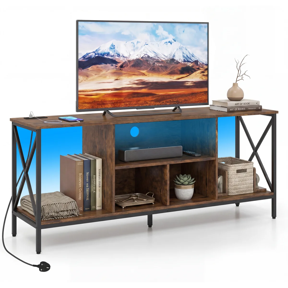 Entertainment Center TV Stand with LED Lights And Power Outlets-Brown - Brown – image 2
