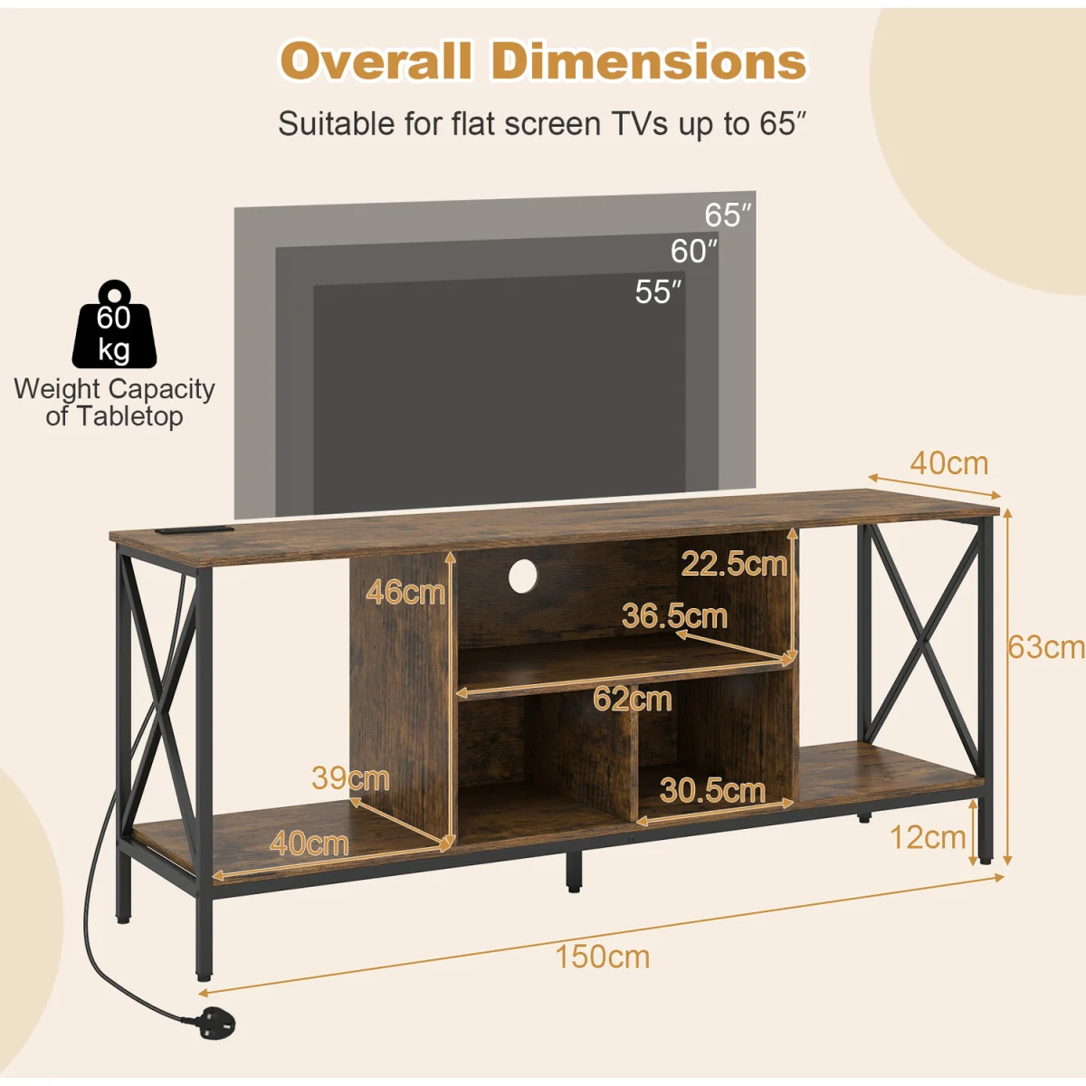 Entertainment Center TV Stand with LED Lights And Power Outlets-Brown - Brown – image 3