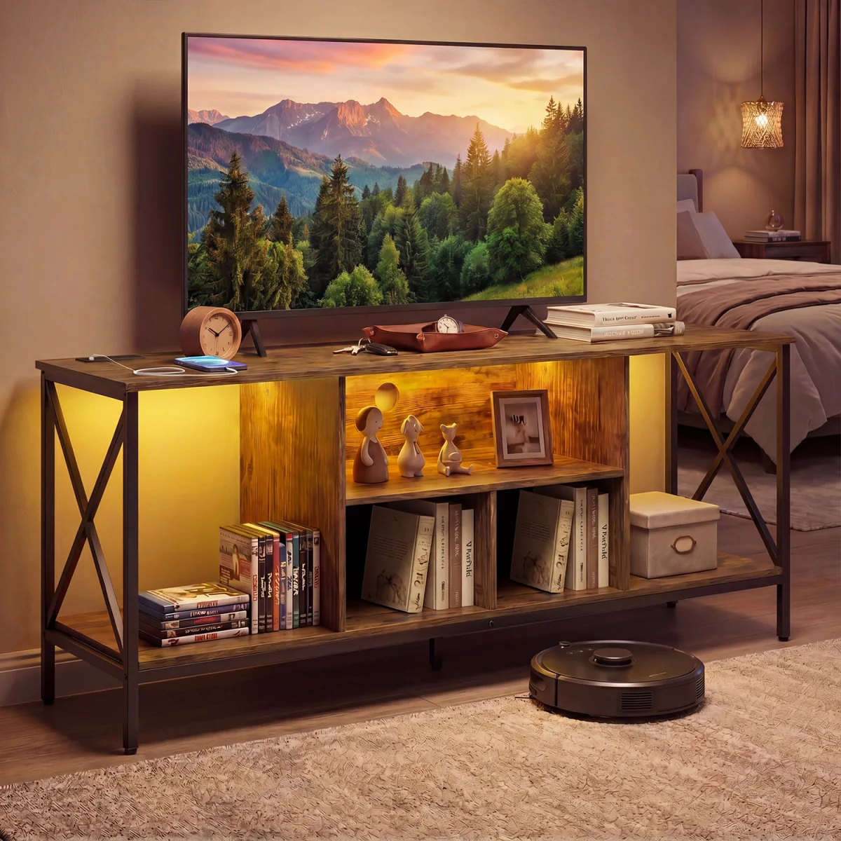 Entertainment Center TV Stand with LED Lights And Power Outlets-Brown - Brown – image 4