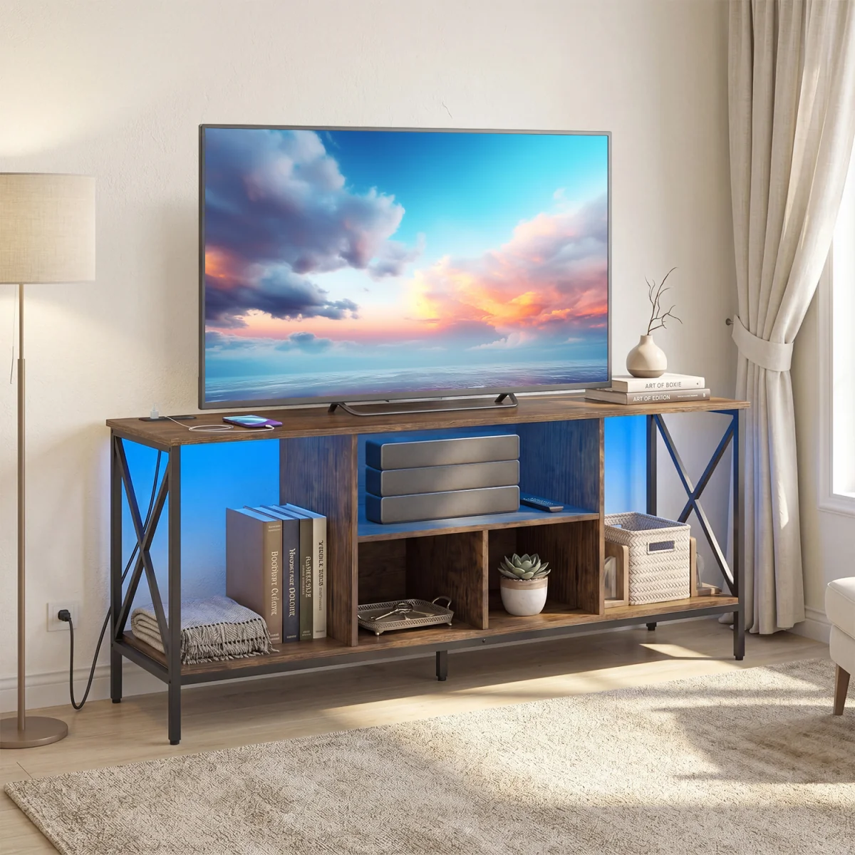 Entertainment Center TV Stand with LED Lights And Power Outlets-Brown - Brown – image 5