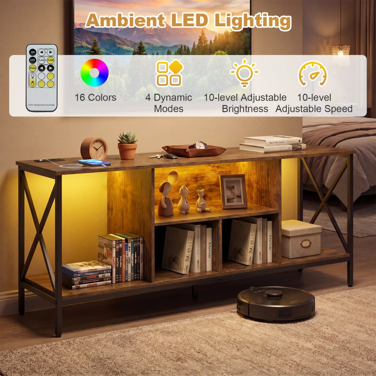 Entertainment Center TV Stand with LED Lights And Power Outlets-Brown - Brown – image 7