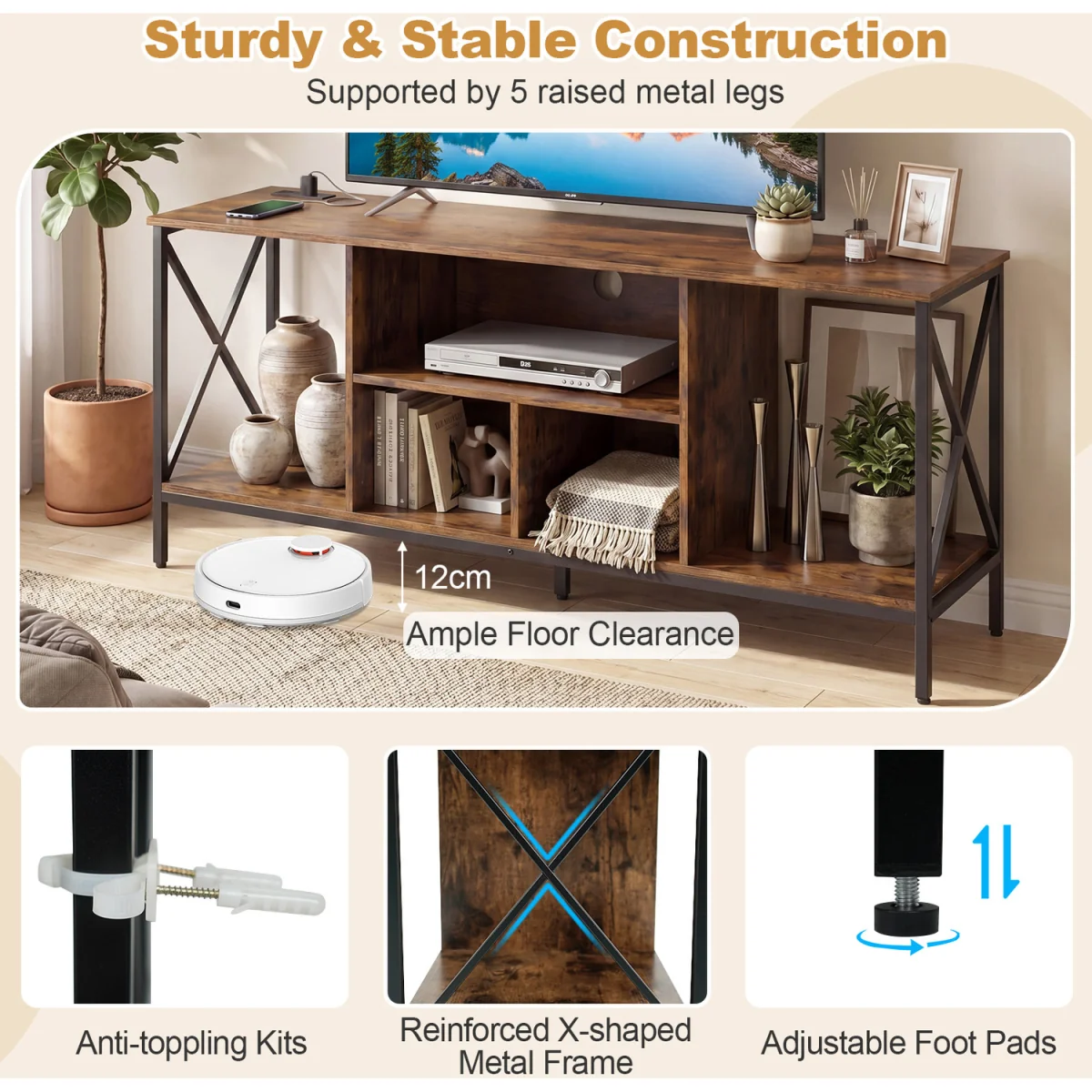 Entertainment Center TV Stand with LED Lights And Power Outlets-Brown - Brown – image 8