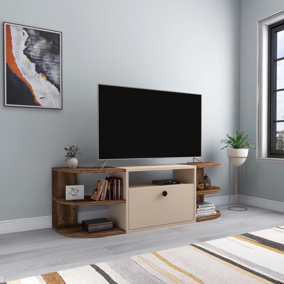 Tresa TV Stand Entertainment Center - Light Walnut & Beige / Melamine Metal Particle Board Plastic PVC – image 2