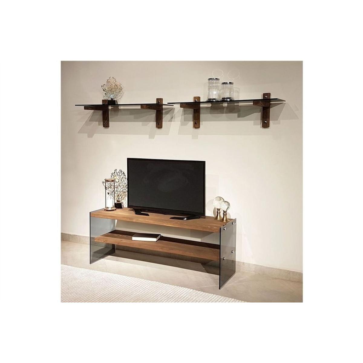 Solid Wood and Glass TV Unit Shelves Tv102 Smoked Walnut - Smoked & Walnut – image 2