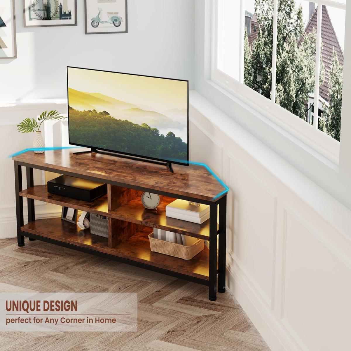 LED Corner TV Stand Gaming Entertainment Unit - Brown – image 3