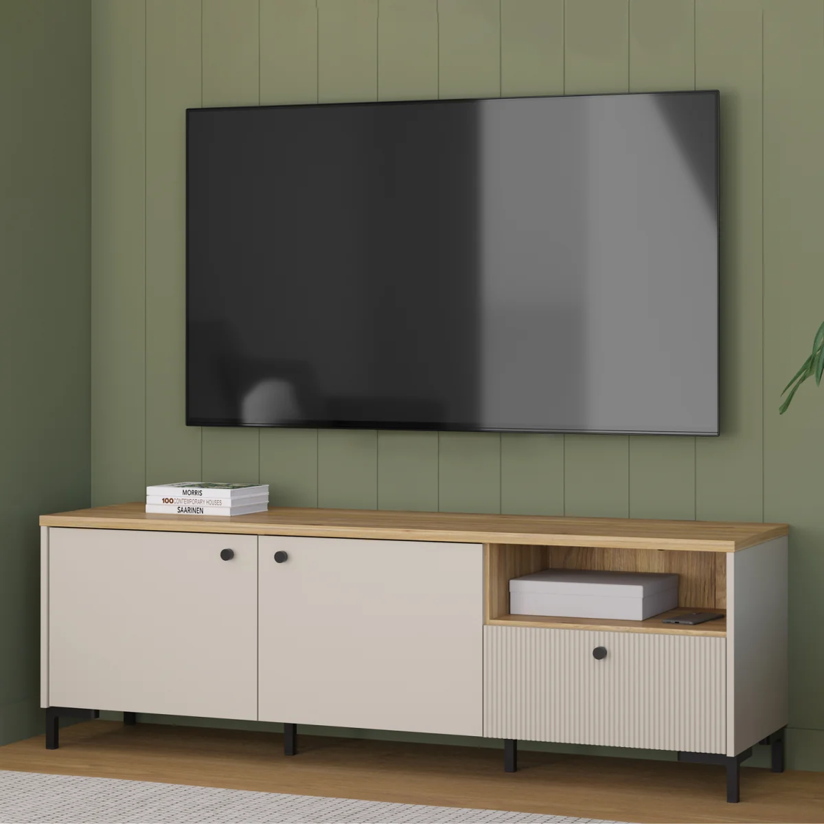 Bixbite Wide TV Unit with Fluted Drawer, Open Shelf & Cupboard in Mauvella Oak and Sand - Mauvella Oak & Sand – image 2