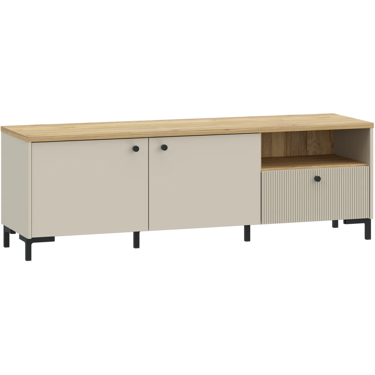 Bixbite Wide TV Unit with Fluted Drawer, Open Shelf & Cupboard in Mauvella Oak and Sand - Mauvella Oak & Sand – image 3