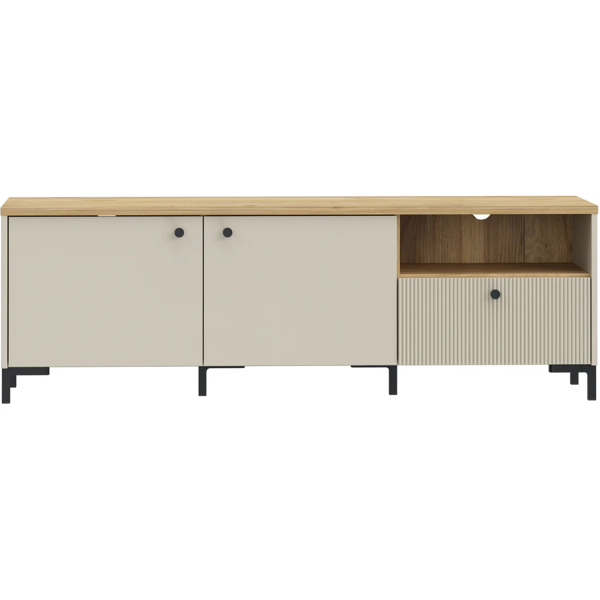 Bixbite Wide TV Unit with Fluted Drawer, Open Shelf & Cupboard in Mauvella Oak and Sand - Mauvella Oak & Sand – image 4