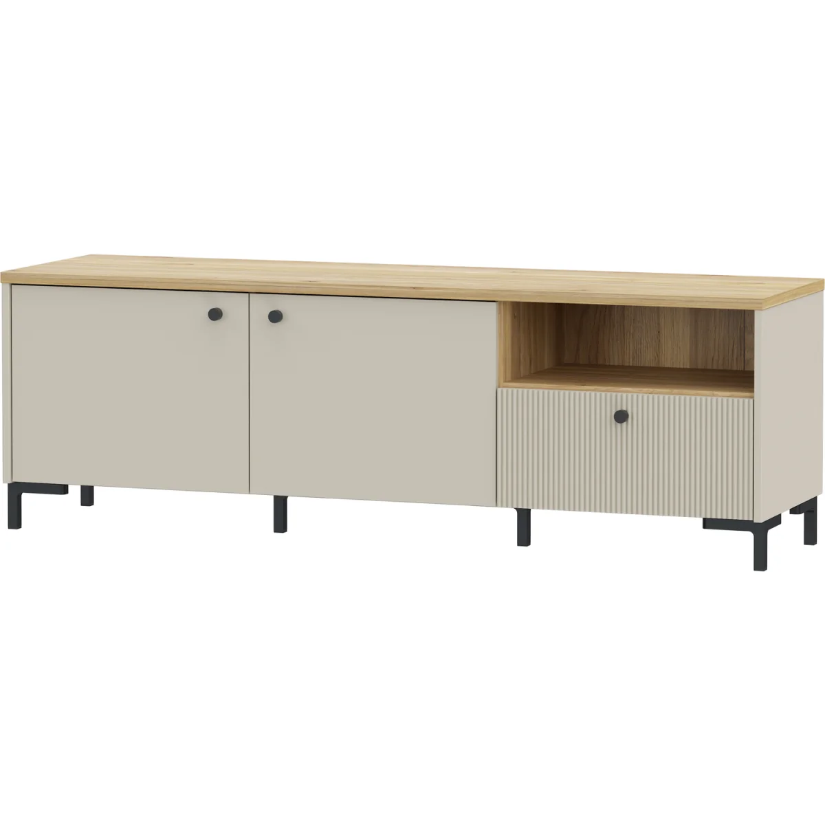 Bixbite Wide TV Unit with Fluted Drawer, Open Shelf & Cupboard in Mauvella Oak and Sand - Mauvella Oak & Sand – image 5