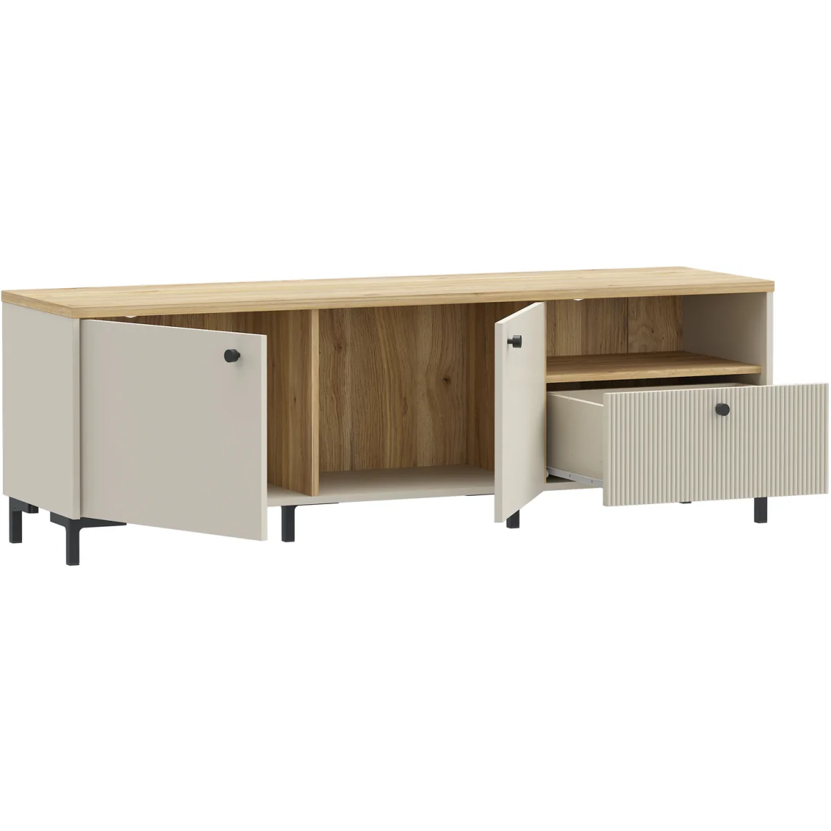 Bixbite Wide TV Unit with Fluted Drawer, Open Shelf & Cupboard in Mauvella Oak and Sand - Mauvella Oak & Sand – image 6