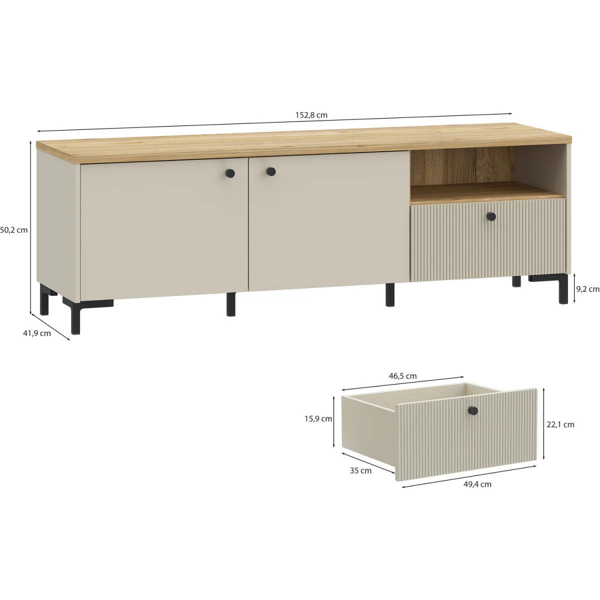 Bixbite Wide TV Unit with Fluted Drawer, Open Shelf & Cupboard in Mauvella Oak and Sand - Mauvella Oak & Sand – image 7